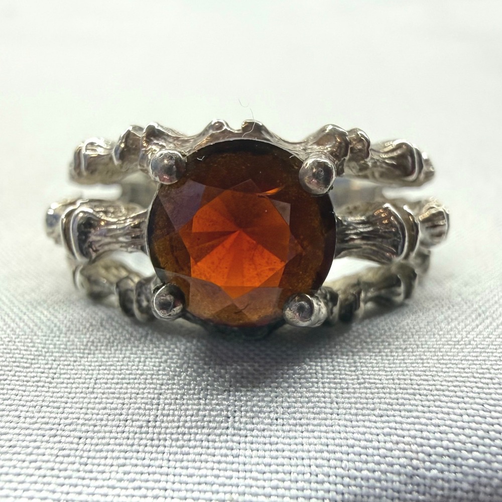 Skeleton Bone Hand Ring Unisex Size 7.75 Silver Pre-Owned Red Stone Goth Punk